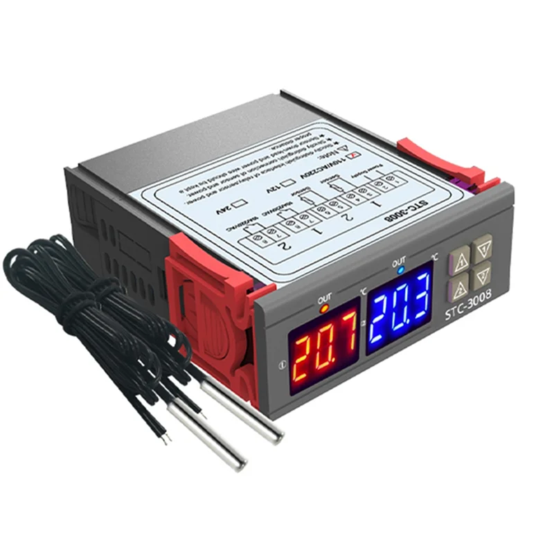 デジタルサーモスタット温度コントローラー、温度計、湿度計、12v、24v、220v、STC-3008