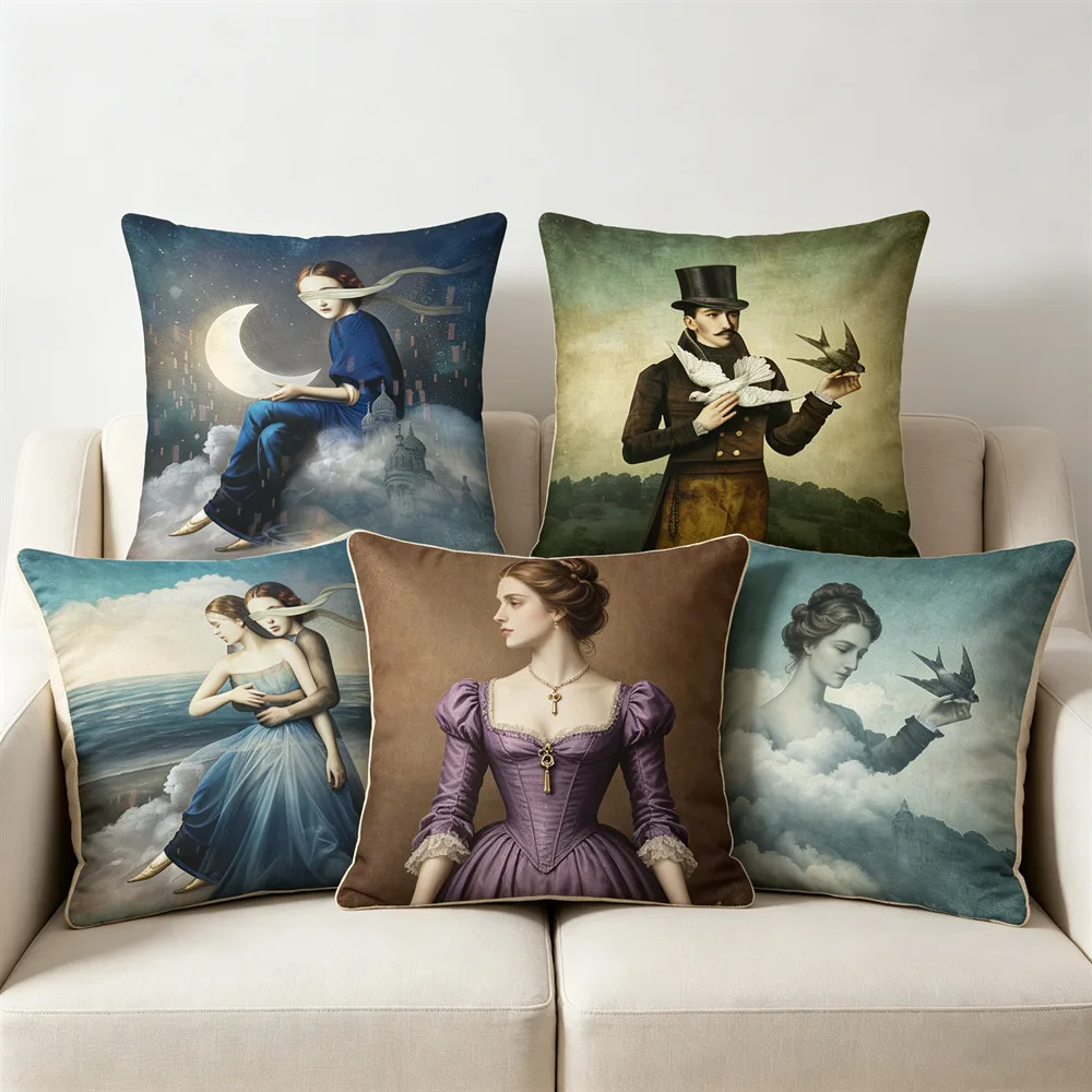 Vintage Surreal Art Throw Pillow Cover Christian Schloe Dark Fantasy Painting Girl Moon Floral Cushion Case For Sofa Home Decor