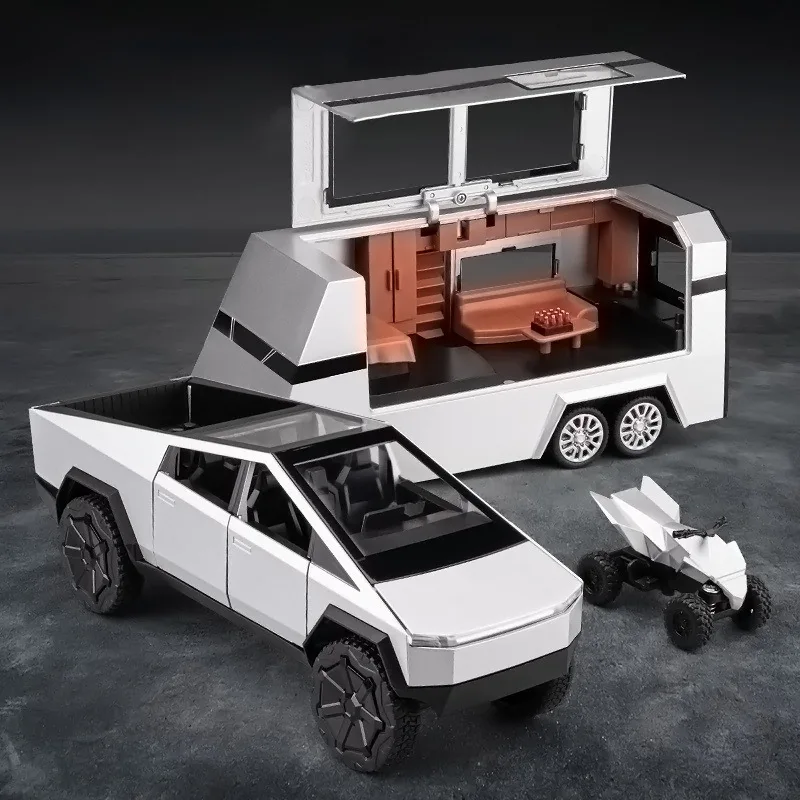 

1:24 Cybertruck Pickup Truck RV with motorcycle Trailer Alloy Car Model Diecasts Metal Toy Off-road car Sound Light Kids Gifts