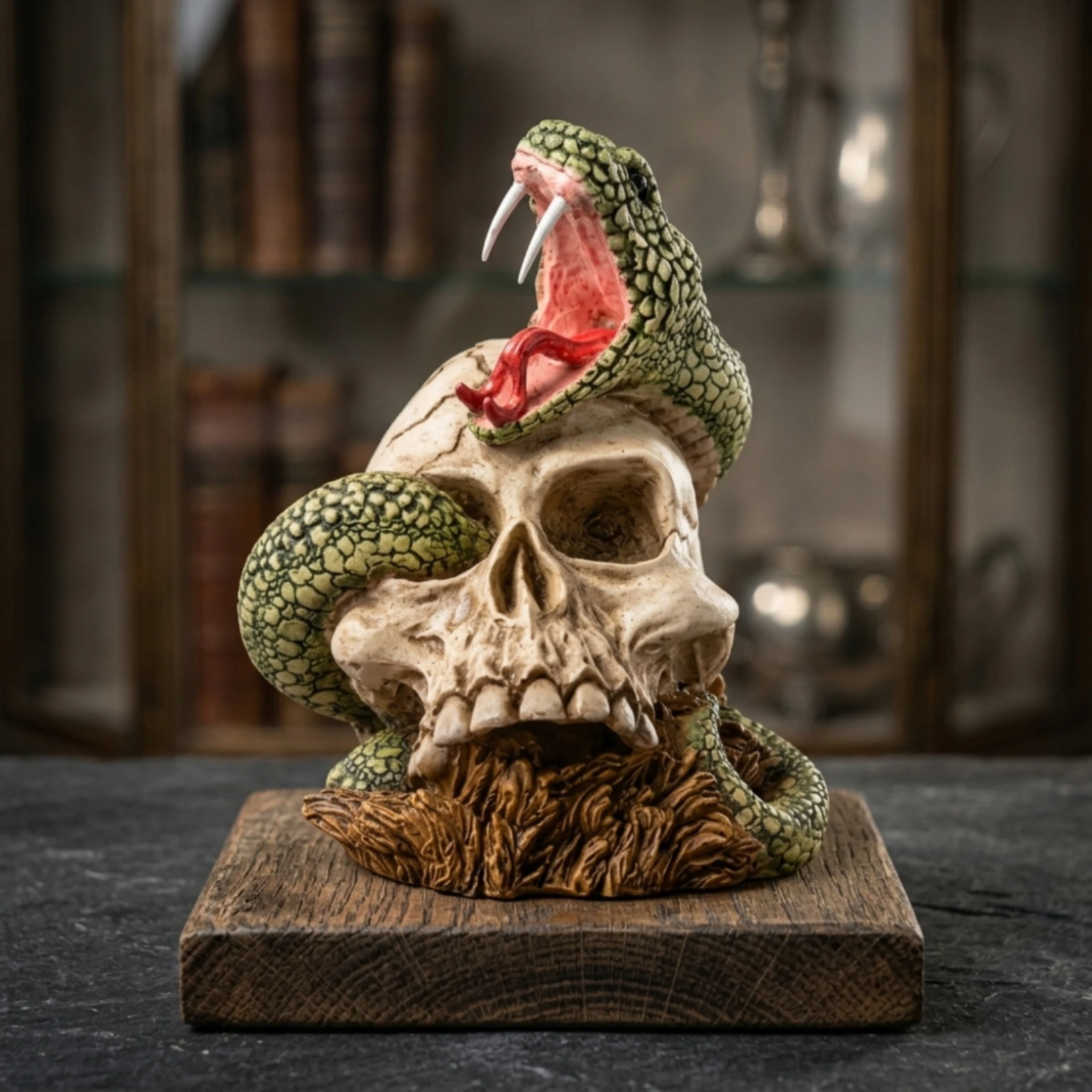 Serpent Skull Sculpture Hand-Painted Skull Sculpture Snake Statue Detailed Gothic for Collectors, Halloween Decor