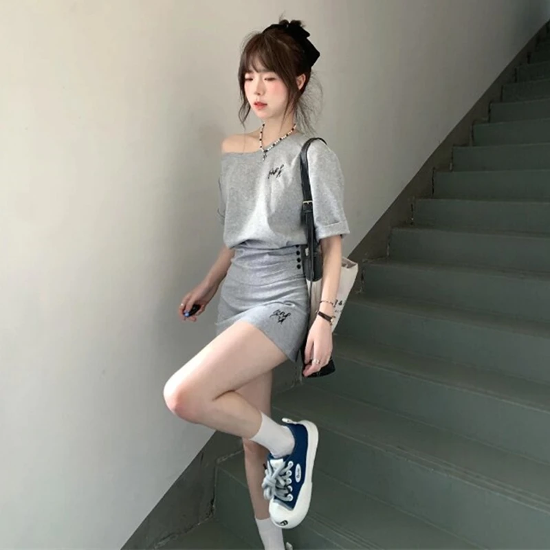 

Off Casual Sports Set Women Summer Faion Slimming One-oulder ort-Sve ort- Skirt Two-Piece Set Cotton round Ne