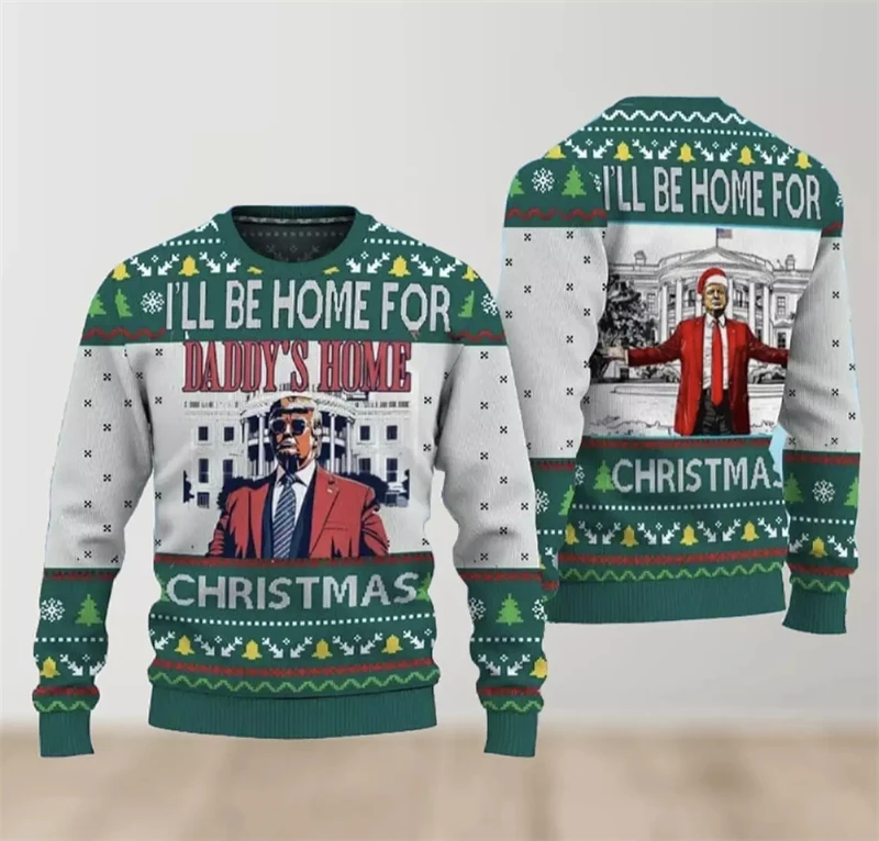 Fashion Trump Graphic Ugly Christmas Sweater Funny Trump Supporter 3D Printed Xmas Sweatshirt Casual Oversized Holiday Pullovers