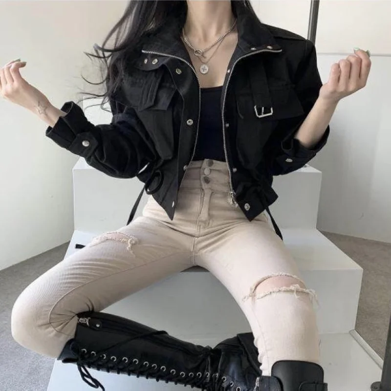 Korean Chic Safari Style Cool Cropped Jackets Women Zipper Fly Drawstring Design Short Coats Autumn 2024 New Fashion Outwears