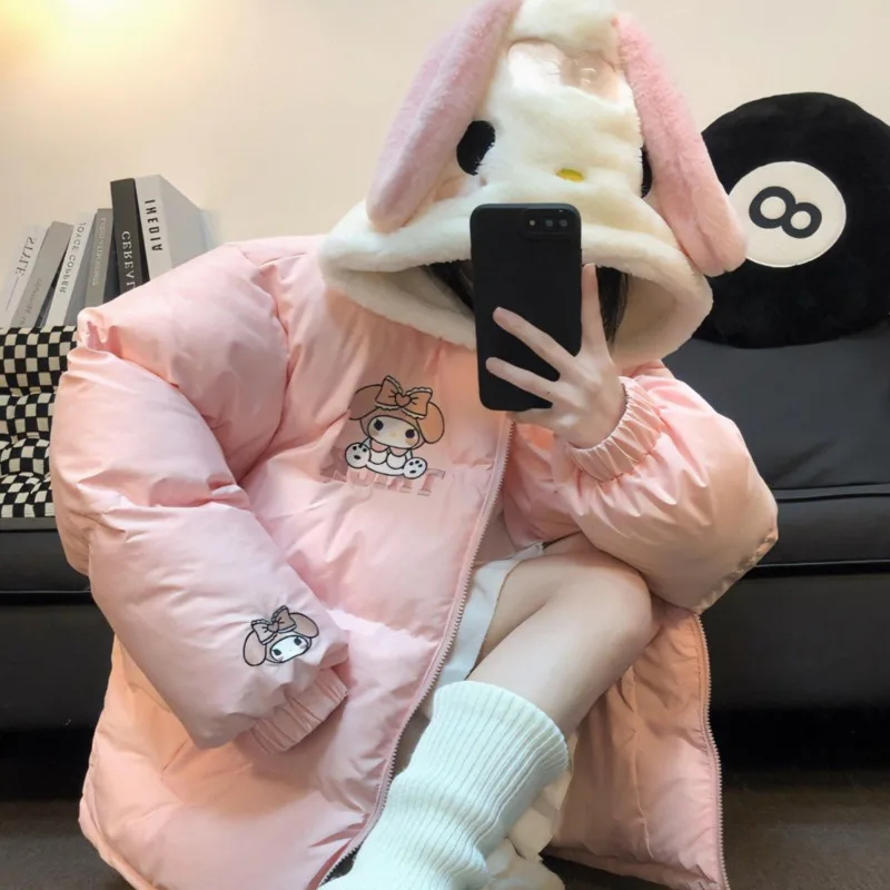 Cute Melody Pom Pom Purin Embroidered Cotton Padded Hooded Jackets for Women Winter Down Coat College Thick Loose Couple Clothes