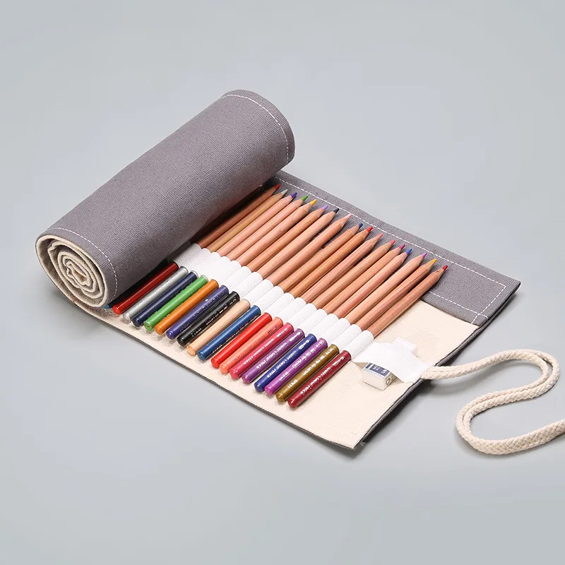 Canvas Pencil Roll Case,12/24/36/48/72 Holes Pen Wrap Organizer,Portable Artist Pencil Pouch With Tie Closure,Stationery Bag