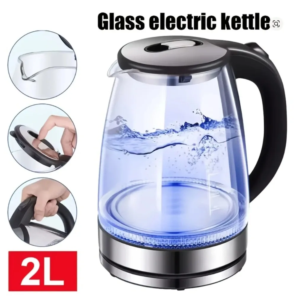 

Электрический чайник из стекла 1500 Вт, 2 л, с широким горлышком и внутренней крышкой из нержавеющей стали - быстрое нагревание воды, автоматическое отключение, черный