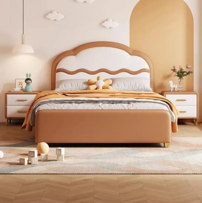 Solid wood children's soft bedding bed, leather children's cream-colored style minimalist bedroom