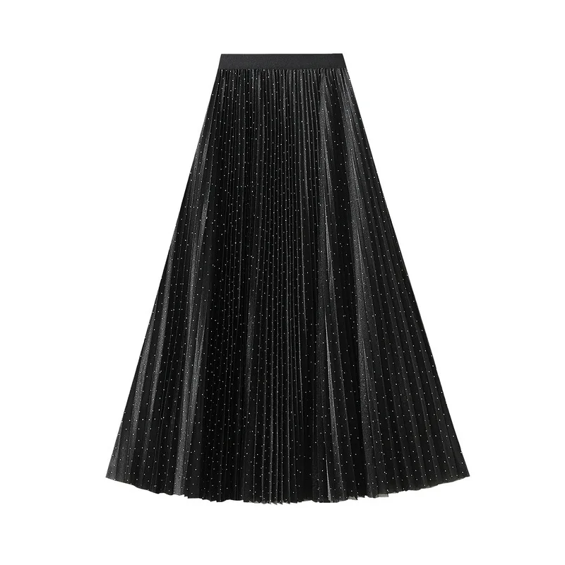 

Double Layers Beading Mesh Skirt For Women's Spring 2025 New Korean Style Sweet Elegant High Waist Pleated Midi Long Skirts