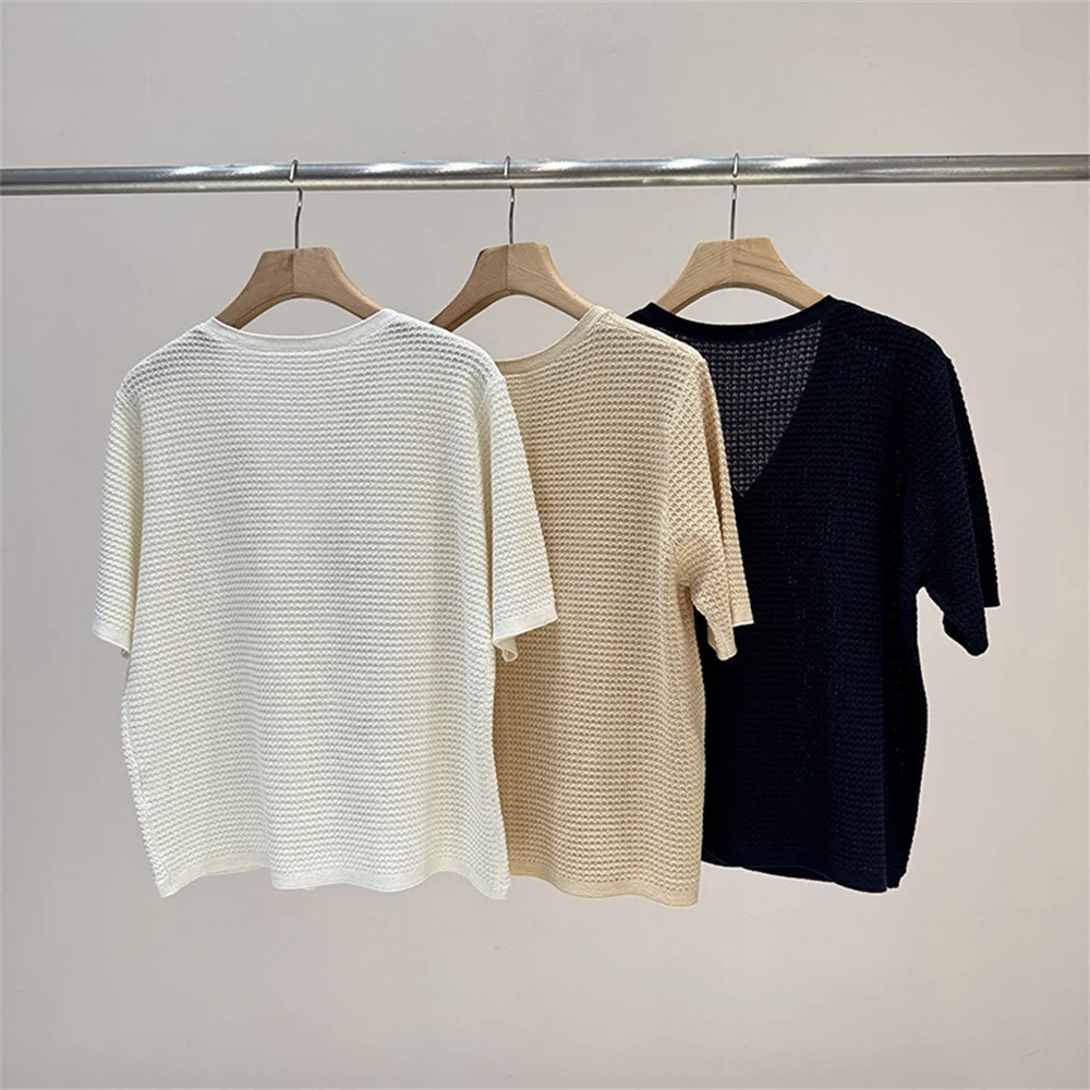 Double-Breasted Short-Sleeved Knit Cardigan Casual Versatile Simple Summer Top for Women