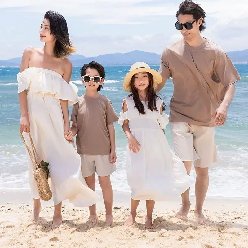 Vacation Look Family Matching Clothes Father Son Set Beach Mother and Daughter Equal Party White Dress Dad Mom Children Outfit