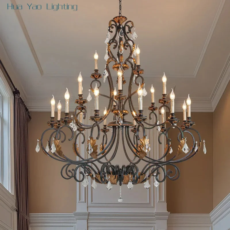 Large Living Room Retro European Style Hotel Lobby Front Desk Villa Elevated High-Rise Rural Art Staircase Pendant Light