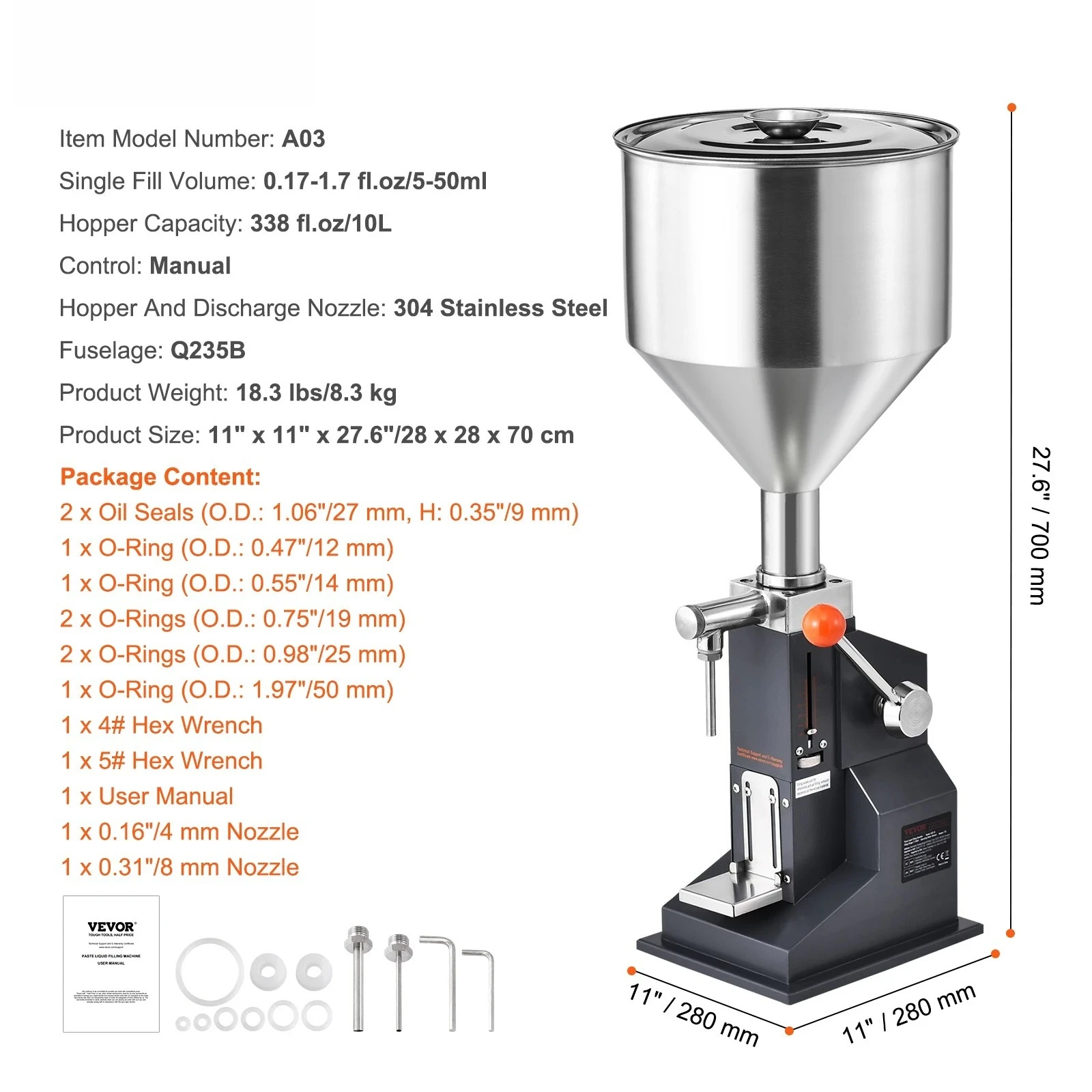 A03 5-50ml/5-100ml Manual Liquid Filling Machine Paste Bottle Filler Adjustable with Hopper for Water Shampoo Honey