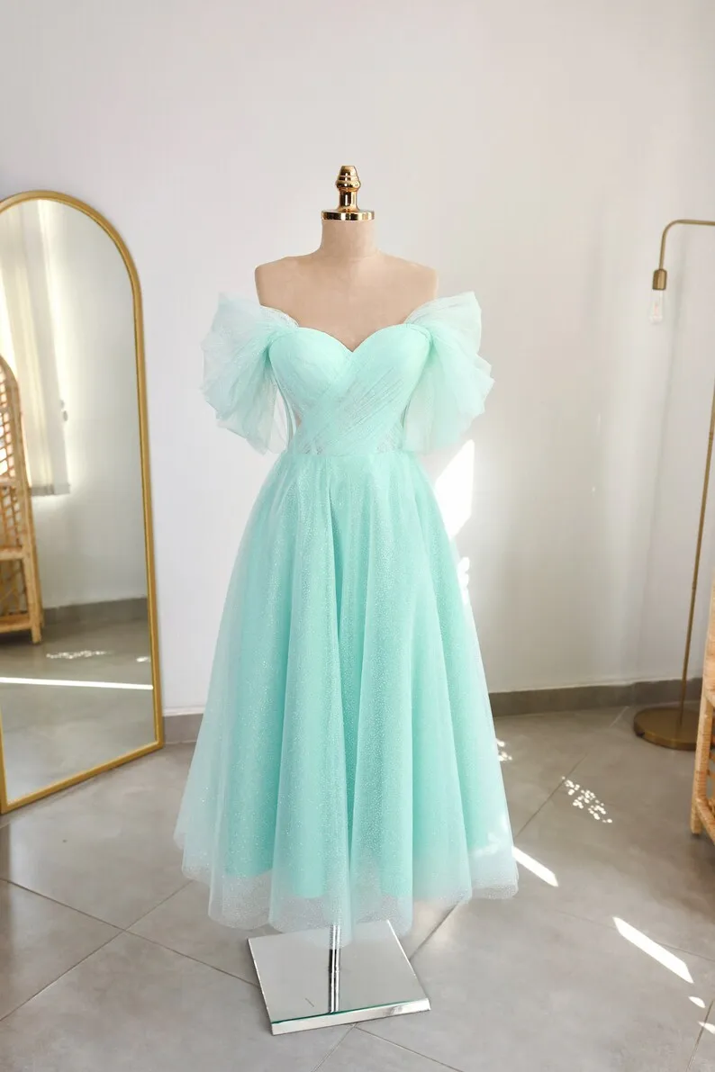 Off the Shoulder Tulle Evening Gowns A-line Tea-Length Long Party Dress Pleated Criss-Cross Lace Up Sparkly Graduation Dresses