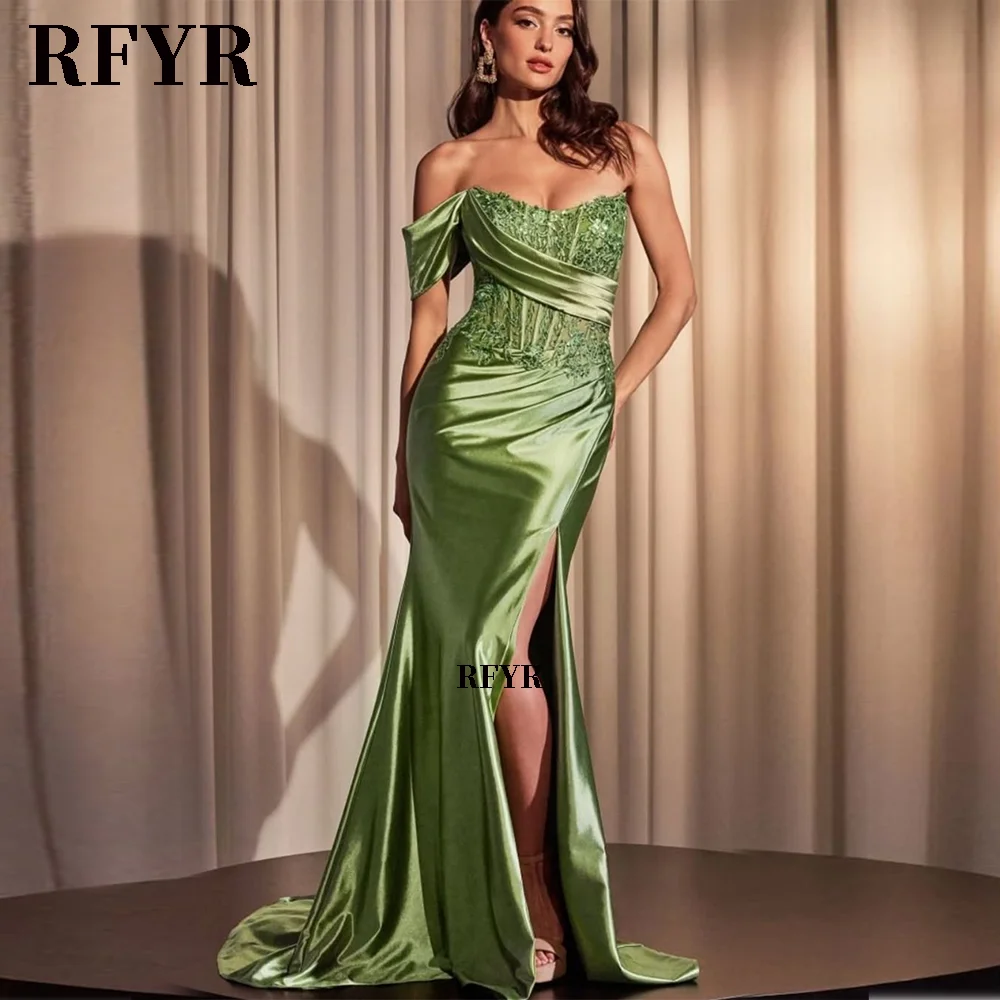 

RFYR Evening Dresses for Party Satin Off the Shoulder with Applique Long Mermaid Prom Gowns Appliques Celebrity Dress Customized