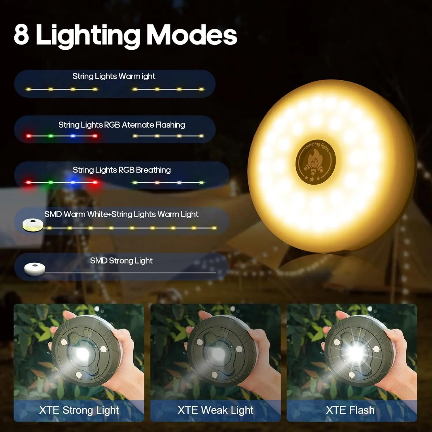 Camping String Lights Rechargeable, 4 in 1 Quick Storage Outdoor String Lights Portable LED Fairy Lights for Decor Patio Tents