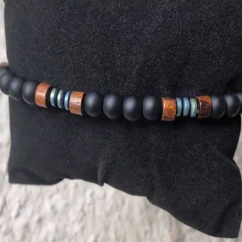 Mens Beaded Black Onyx And Green Plated Hematite Spacers With Wooden Beads 6mm Matte Mat Black Bracelet