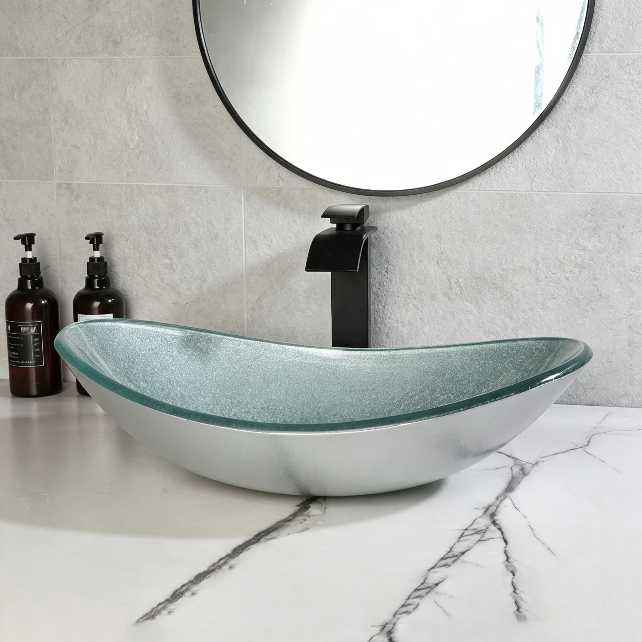 SINLAKU Tempered Glass Vessel Sink Combo Cracked Texture Oval Glass Wash Basin Matte Black Waterfall Bathroom Faucet Set Above