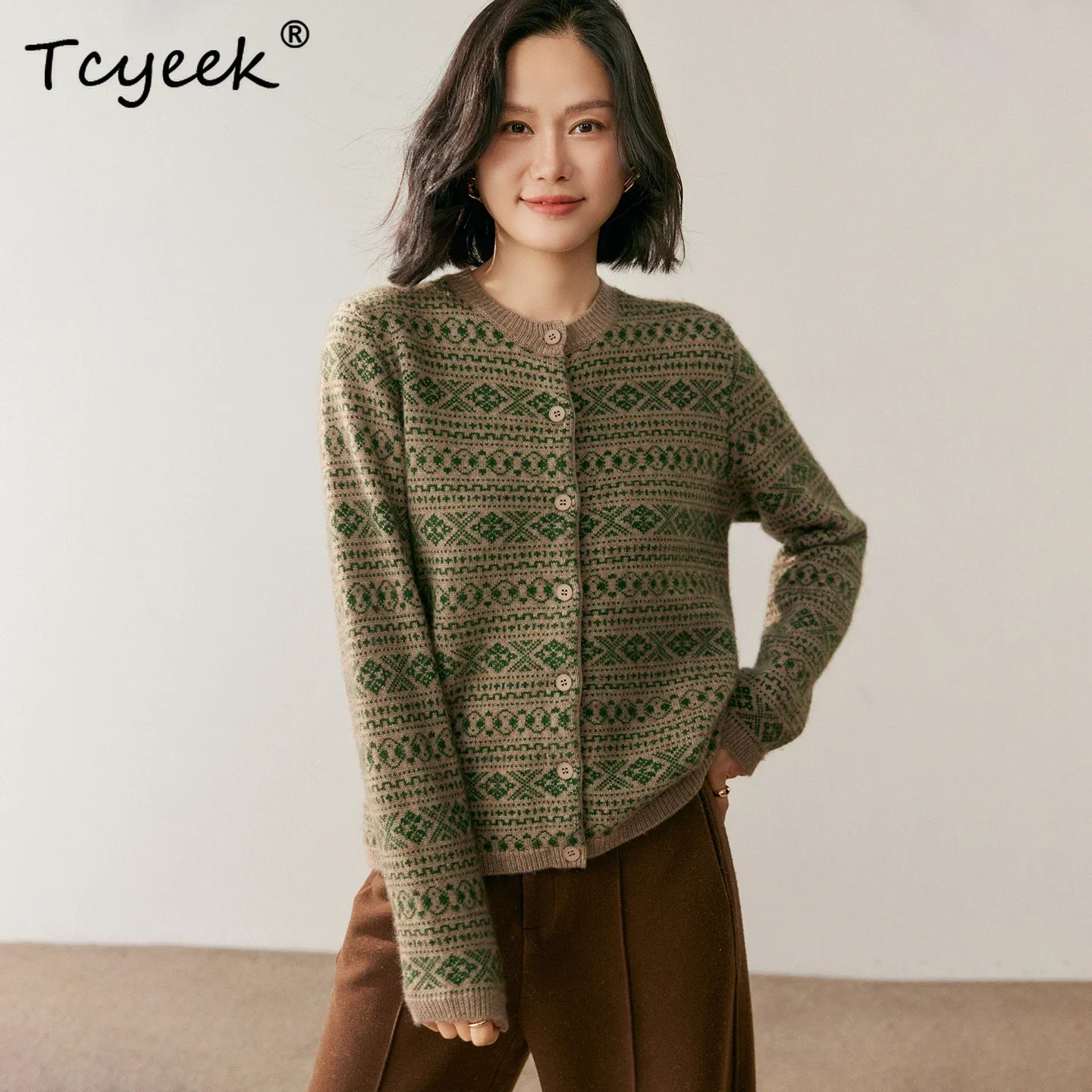 Vintage Jacquard Autumn Winter Sweater Women's Cardigan 100% Cashmere Sweater O-Neck Long Sleeve Clothes Warm Fair Isle Knitting