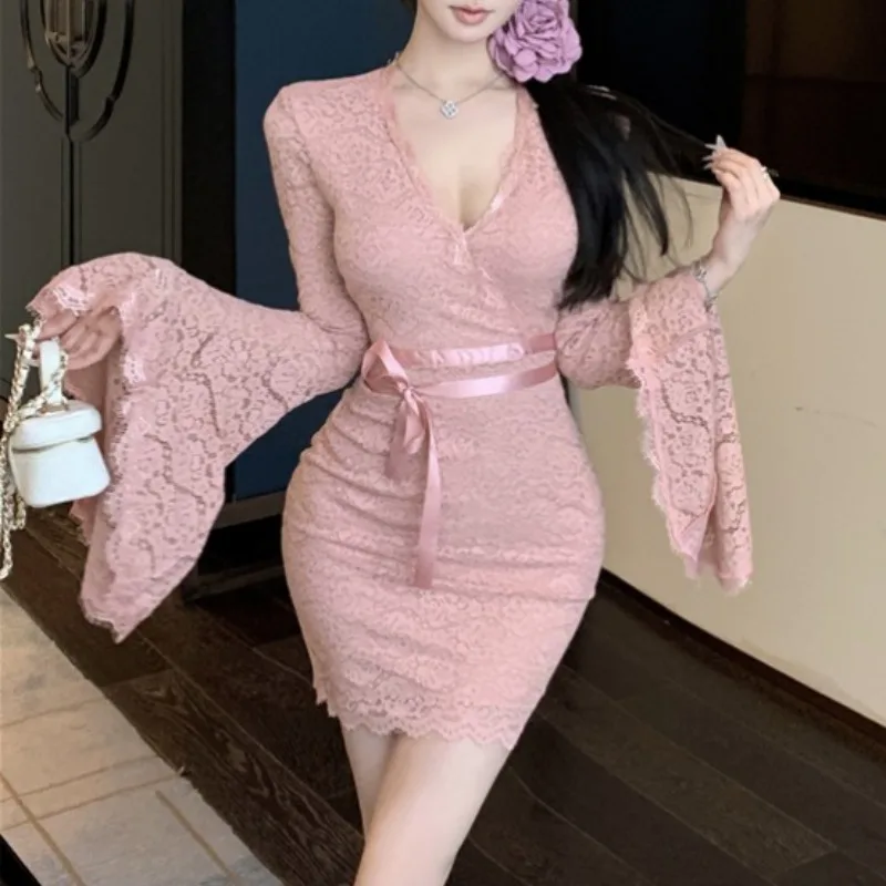 Elegant V-Neck Lace Patchwork Dress Office Lady Long Sleeve One Piece Lace-up Waist Dress Korean Retro French Vintage Women