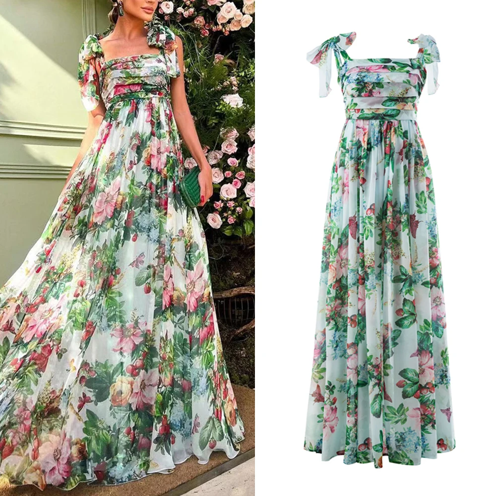 

2022 Spring and Summer Sweet Flower Fairy Princess Dress Pleated Suspender Dress Backless Temperament Elegant Chiffon Long Skirt