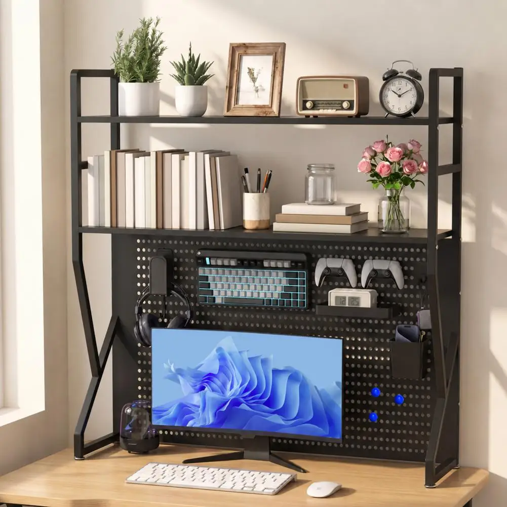 Multi-Layer Pegboard Desk Shelf with Hooks & Storage Box, K-Shaped Bookshelf And Accessories, Home Office Storage Solution