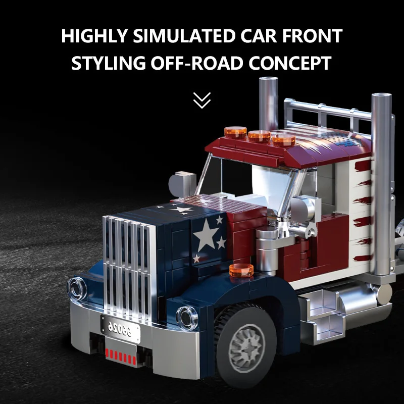 Amerikaanse heavy-duty vrachtwagenkop, houten vrachtwagenbox, aanhangerkop, bouwsteenmodel, montage, speelgoed, verjaardagscadeau voor jongens