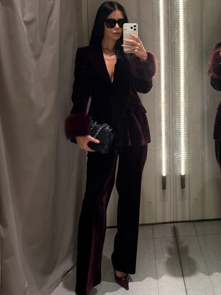 

HH модный женский бархатный пиджак, костюм с лацканами, однобортный, с карманами, манжетами из искусственного меха, повседневное пальто + свободные брюки на молнии с высокой талией