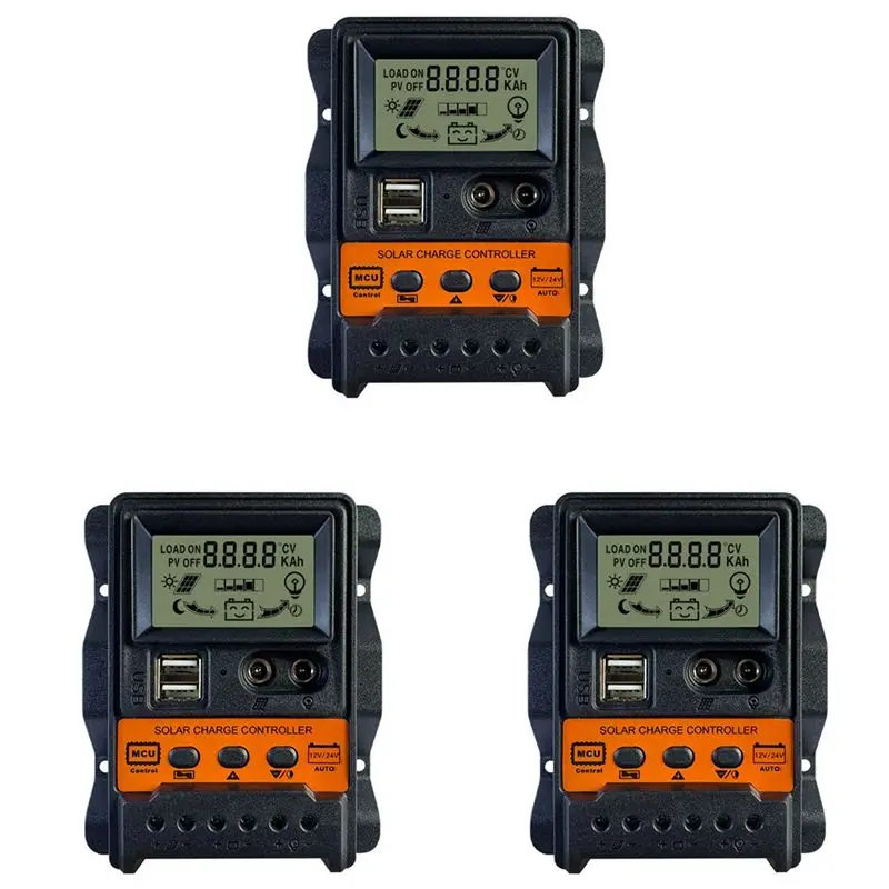 GTBL 3X 30A Solar Charge Controller 12V24V Solar Panel Battery Controller Regulator Auto 2 USB LCD Display Load Discharger