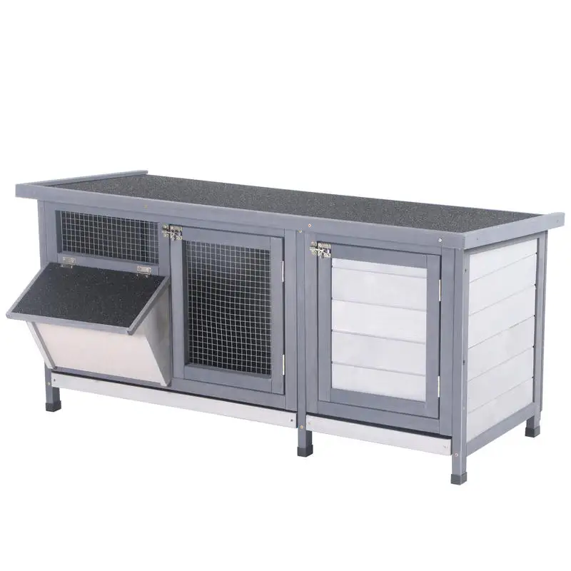 

PawHut Wooden Rabbit Hutch Bunny Hutch Cage Guinea Pig with Waterproof Roof, No Leak Tray and Feeding Trough, for Rabbits, Chickens, Ducks, Indoor/Outdoor, Gray