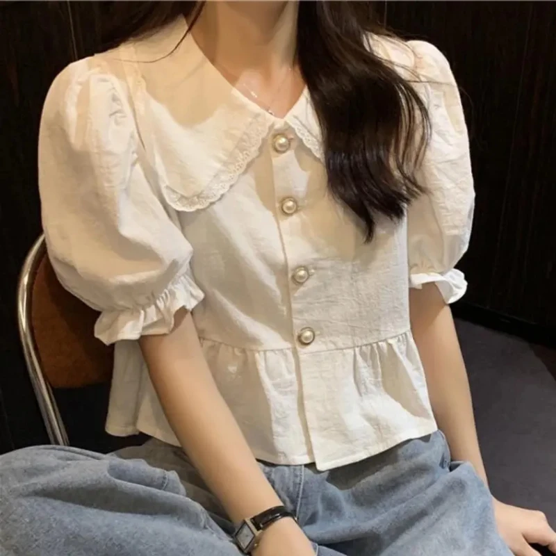 Peter Pan Collar Shirts Women Elegant Ruffles Summer Vintage Party Female Streetwear Puff Sleeve French Style Daily Aesthetic