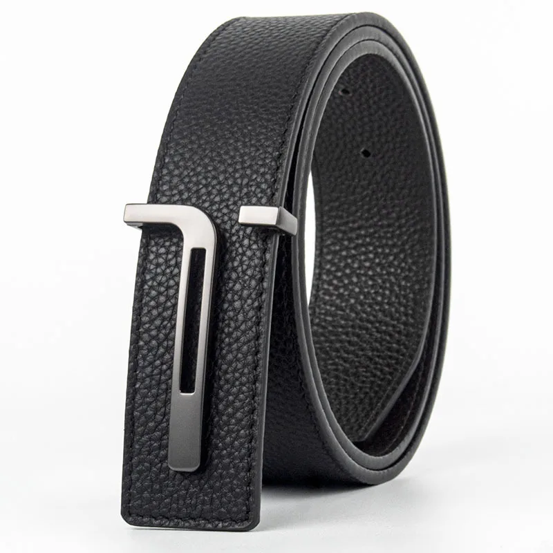 High-end T letter men's belt genuine leather first layer cowhide inner wear smooth buckle formal youth trend men's belt