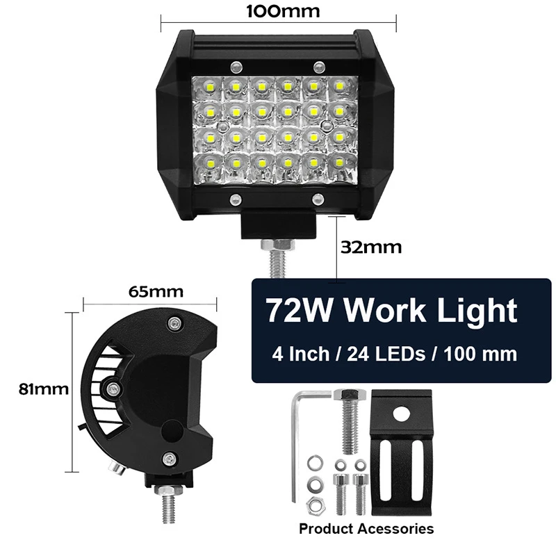 72 W LED Luzes de Trabalho Bar, Combo Spotlight, Off-road, 6000K, Driving Spot, Flood Fog Lamp para carro, caminhão, barco, SUV, farol ATV, 12V, 72 W