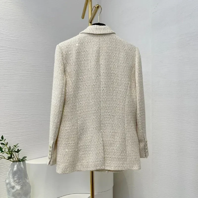 Beige Gold Shinning New Office Lady High Quality Sequin Tailored Collar Autumn Winter 2024  Long Sleeve Tweed Jacket