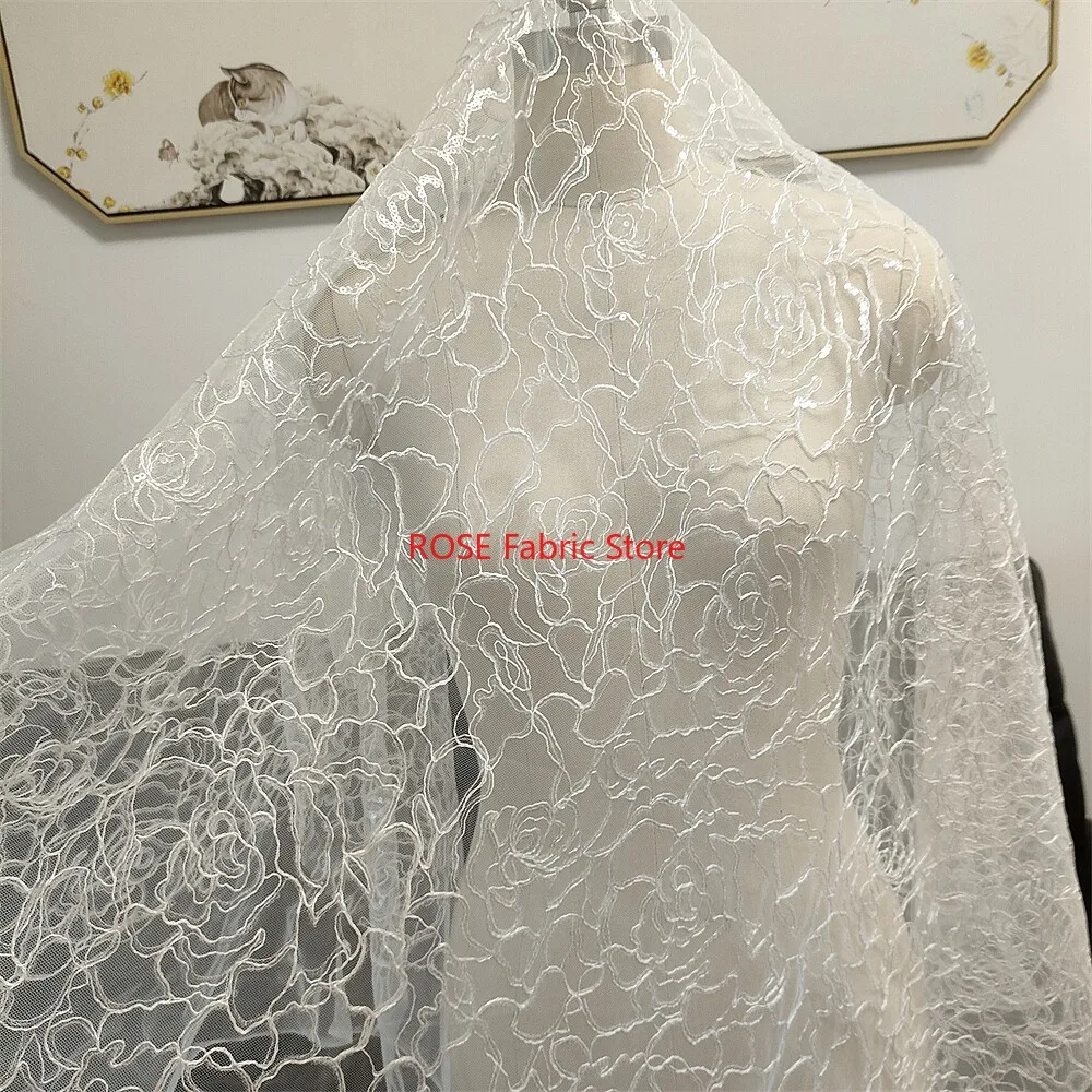 

1 yard Ivory Allover Rose Flowers Embroidery Transparent Sequins Sparkly Lace Fabric For Wedding dress, gowns, DIY sewing