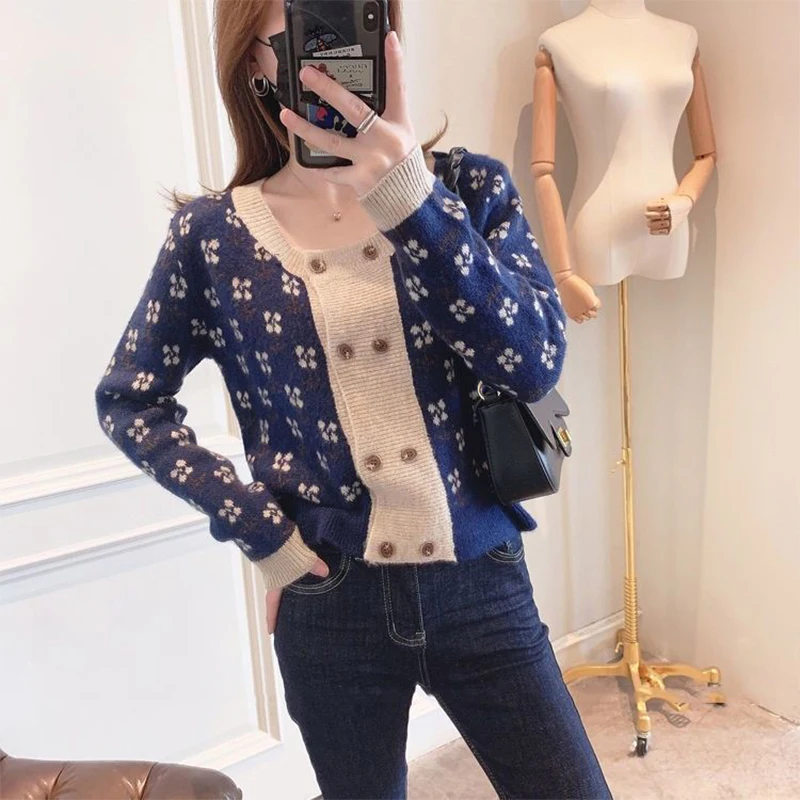 Autumn Winter Korean Style Vintage Jacquard Patchwork Cardigan Sweater Female Loose Casual All-match Knitted Coat Ladies Outwear