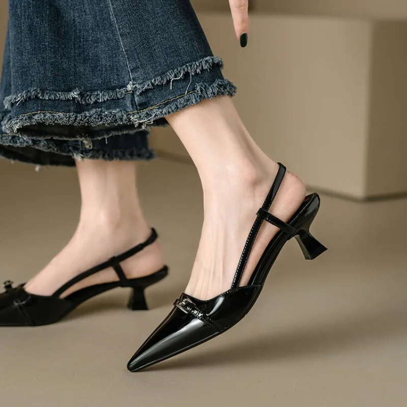 2024 New Summer Women\'s Dress Shoes Patent Leather Slip on Pointed Toe Sandals Buckle Slingbacks Mid Heels Pumps Sandalias Mujer