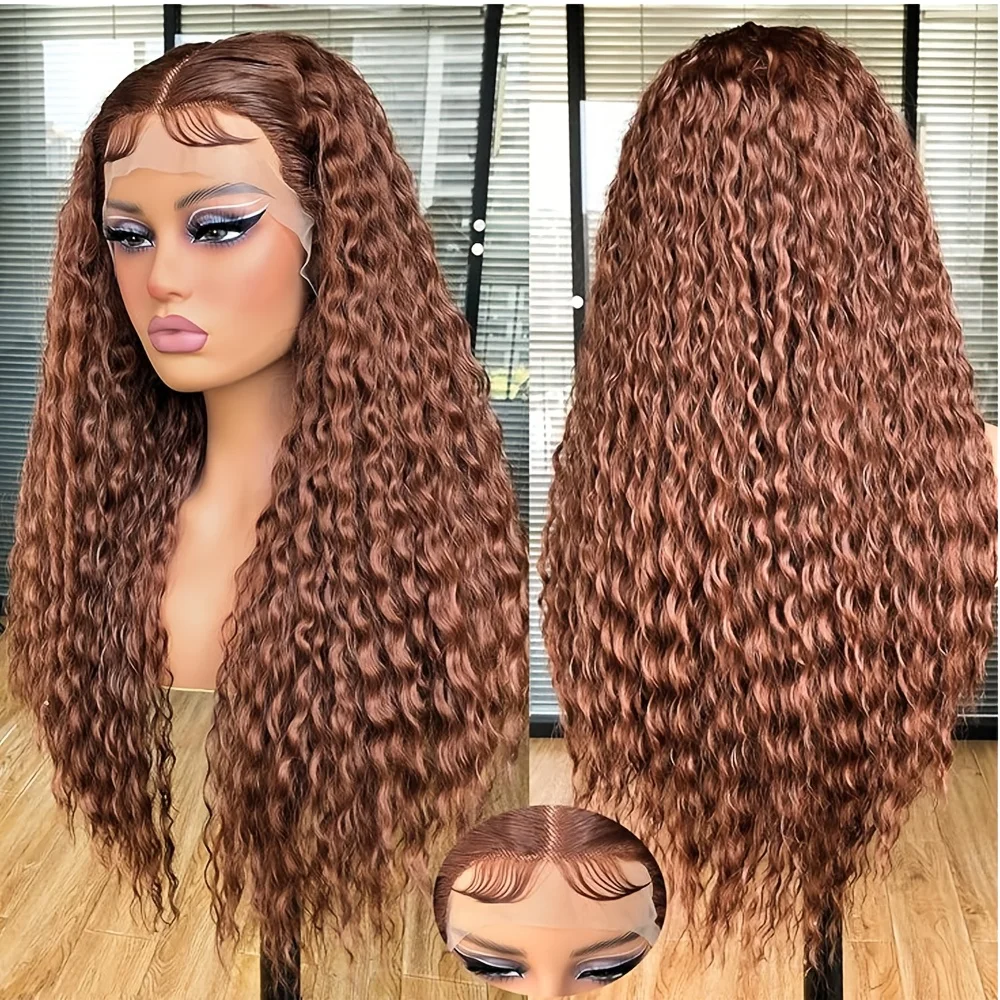 

26Inch Long 180Density Kinky Curly Brown Glueless Deep Wave Lace Front Wig For Women With Baby Hair Preplucked Daily