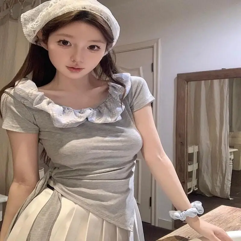 Korean Ruffled Off-The-Shoulder T-Shirt for Girls Summer New Style Girl Students Can Wear Fashion Trend Outdoors When Shopping