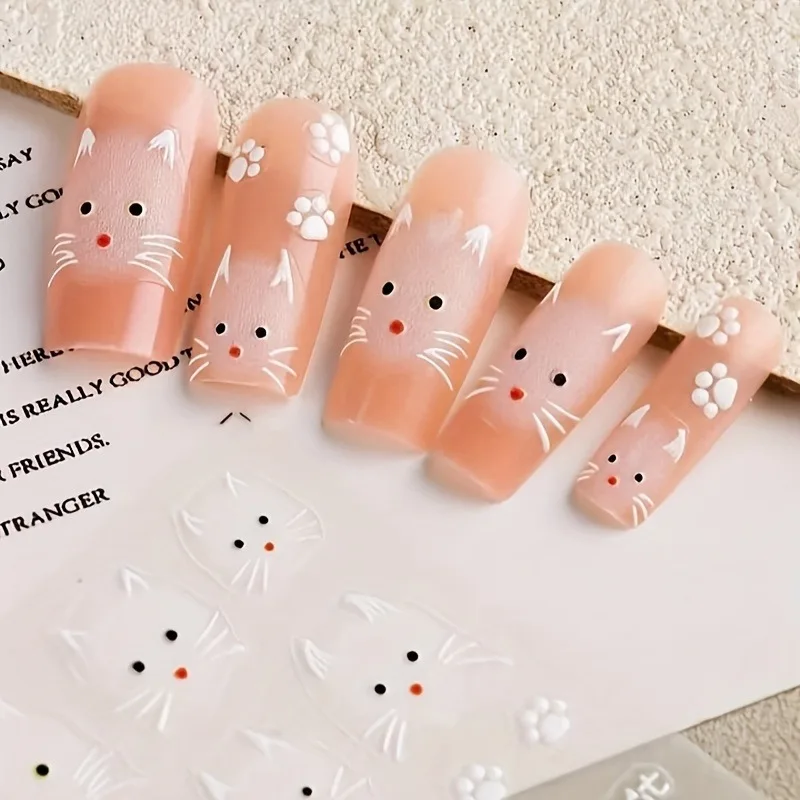 2 piezas de calcomanías de uñas de gato blanco lindo, fáciles de aplicar para decoración de uñas, DIY, regalos, fiestas y maquillaje de bodas 6