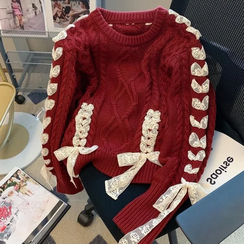 Red Pullovers for Women Bow Design Knitting All-match Loose O-neck Spring Autumn Clothing Korean Style Popular Casual New Chic