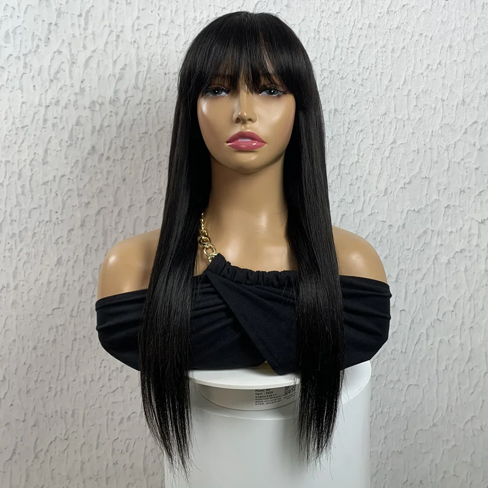 Fake Scalp Straight Human Hair Wigs with Bangs Glueless Human Hair Wigs 180% Density Fringe Wig Natural Color