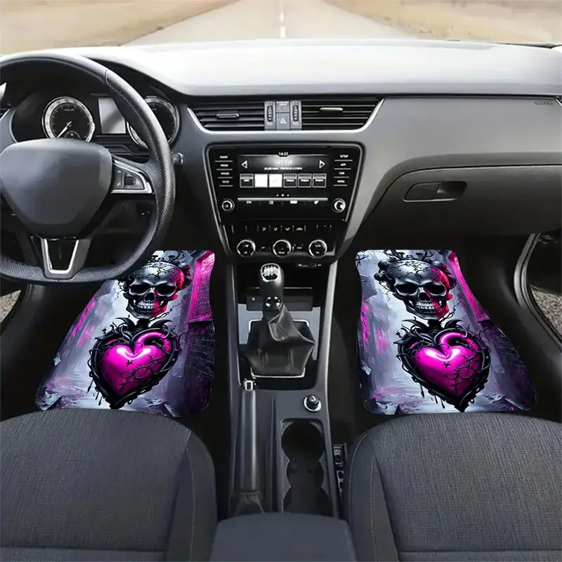 4pcs Gothic Skull & Heart Car Floor Mat Set - Crystal Velvet Anti-Slip Fit, Pink & Black Design With Purple/Pink Heart & Skull P