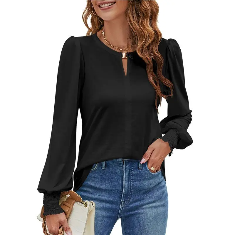 

CYL-Womens Dressy Casual Blouses Business Trendy Tops Crew Neck Long Sleeve Shirts Fall Teacher Outfits Black M