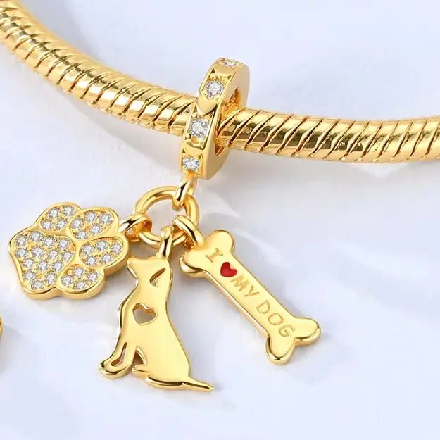 

925 Silver Charm Gold Color Dog Pet Fit Original Bracelet Bead Making Woman Jewelry
