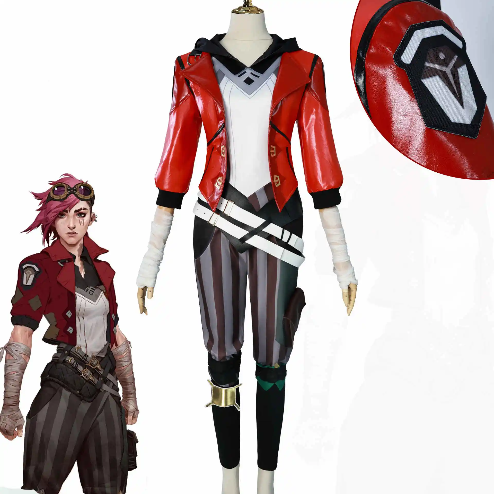 

In Stock Anime Arcane Season 2 Vi Cosplay Costumes Game LOL The Piltover Enforcer Red Leather Coat Wig Pants Accessories Set 3XL