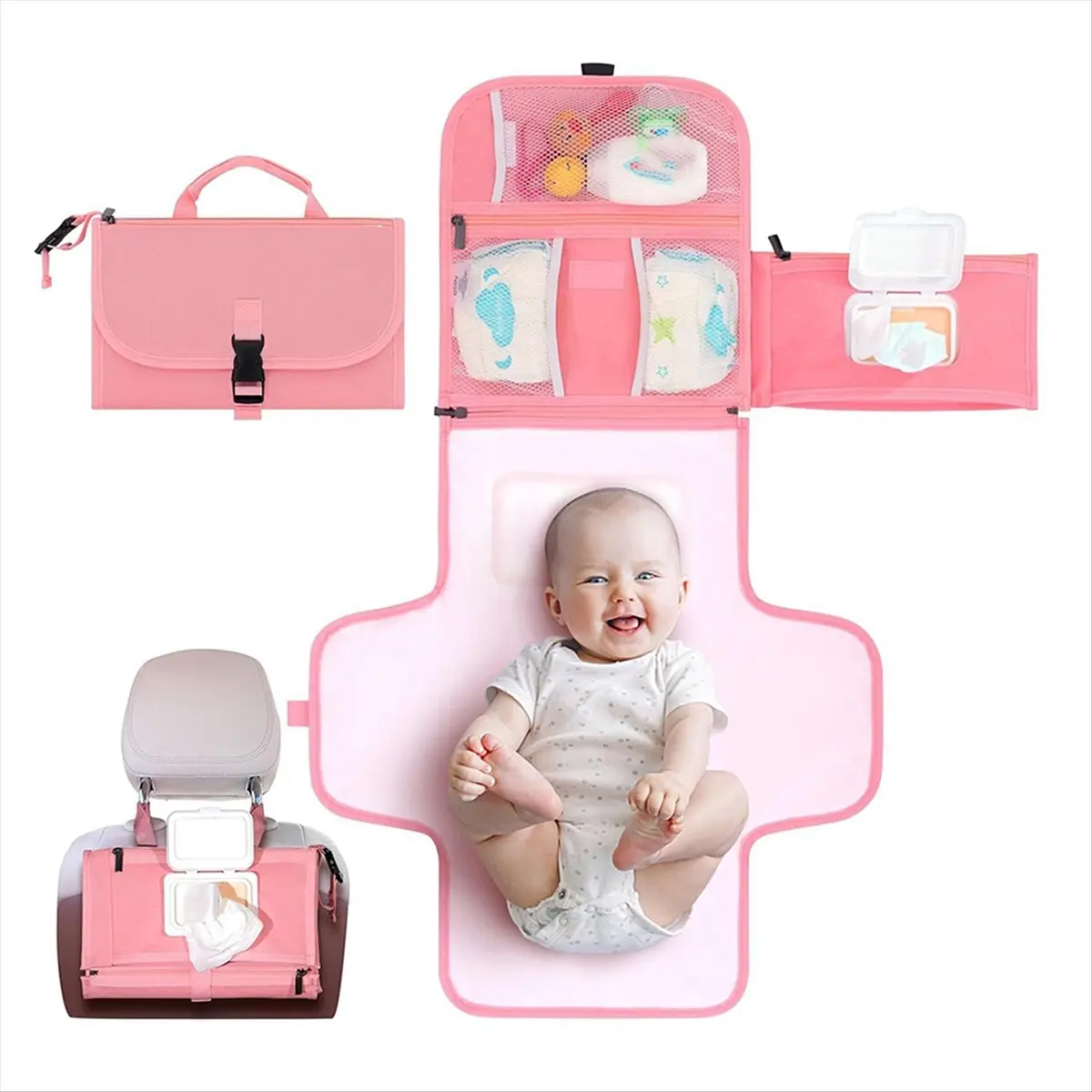 وسادة تغيير الحفاضات المحمولة حقيبة سفر لتغيير حفاضات الأطفال مع جيب مناديل سجادة تغيير الحفاضات المحمولة طقم سفر للرضع #5