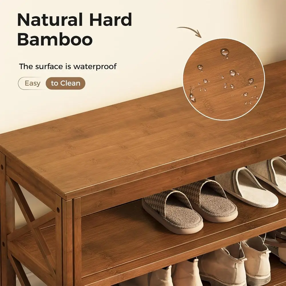 3-Tier Bamboo Shoe Storage Bench, Rustic Entryway Wood Bench, X-Brown, 31.5