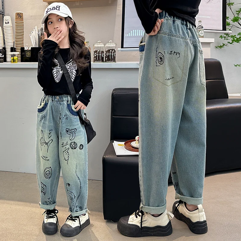 4 6 8 10 12 14 teenage girls jeans cartoon graffiti kids Haren pants fashion Soft denim trousers Loose casual kids clothes