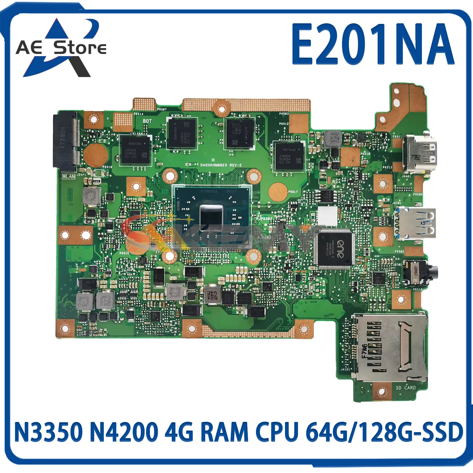 Ae E201na Moederbord Voor Asus E201nas E201n Notebook Moederbord Met N3350 N4200 4G Ram Cpu 64G/128G-Ssd 100% Getest