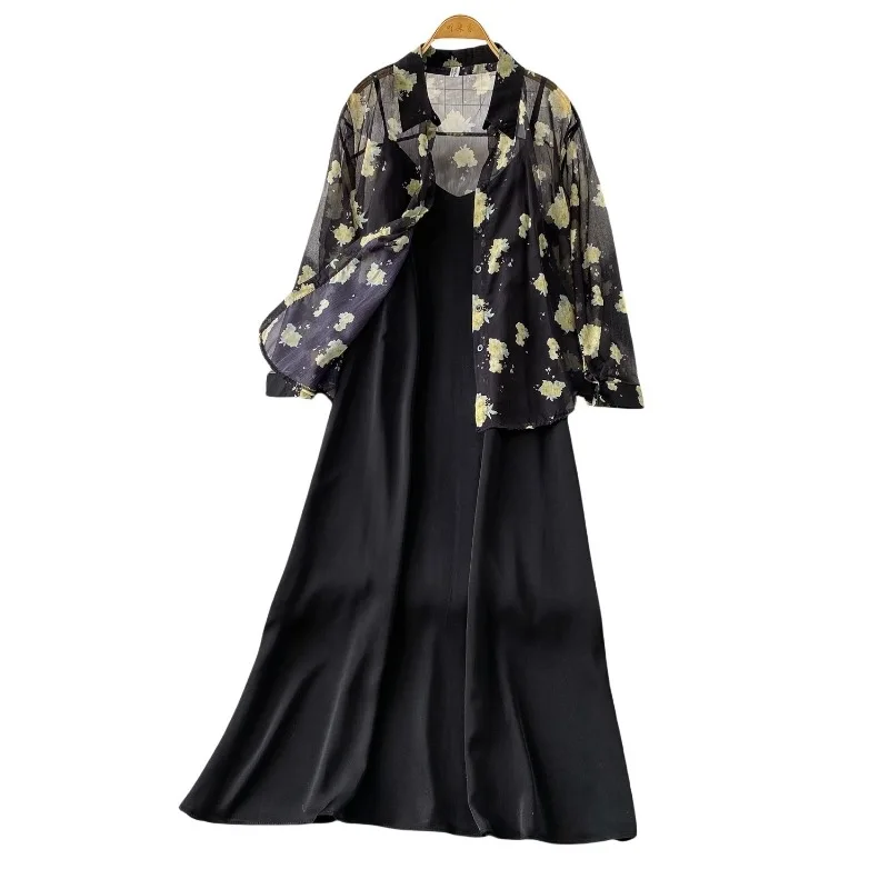 Ensemble deux pièces pour chemise de protection solaire, veste + robe longue ample, motif Floral bleu fin, à manches longues, costumes élégants à la mode, été 2026